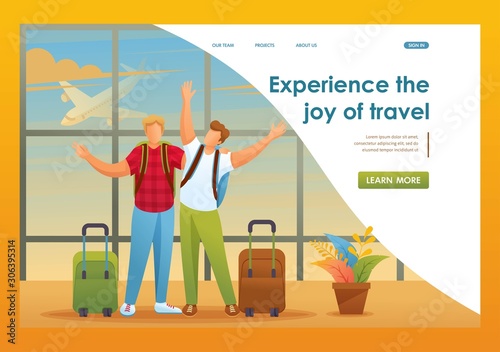 Friends enjoy the opportunity to travel, men at the airport. Flat 2D character. Landing page concepts and web design
