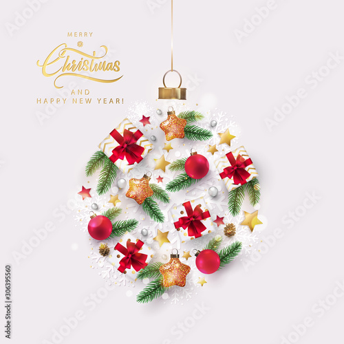 Christmas greeting card design with Christmas ball made of Realistic Festive Elements - christmas toys, gifts boxes, fir branches, glitter gold stars confetti. Xmas poster, banner, decoration elements