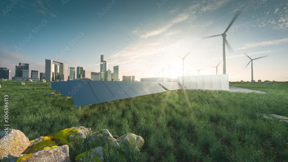 Concept of sustainable energy solution in beautifull sunset backlight. Frameless solar panels, battery energy storage facility, wind turbines and big city with skycrapers in background. 3d rendering.