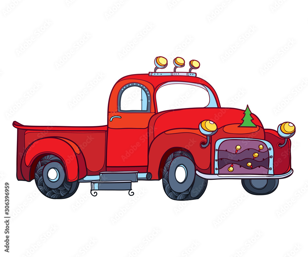 Drawing of outline vintage old pickup truck with Christmas tree garland in red isolated on white background. 