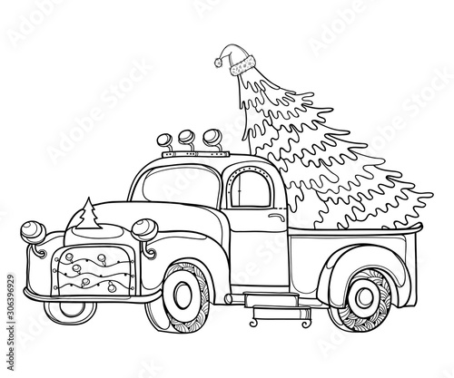 Drawing of outline vintage old pickup truck with Christmas tree and garland in black isolated on white background.