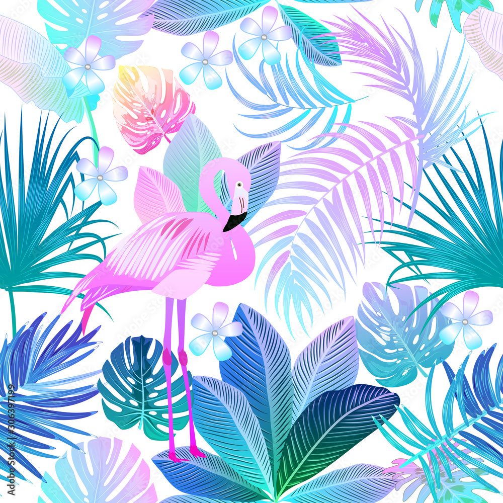 Tropical jungle neon palm leaves seamless pattern with flamingo, vector background