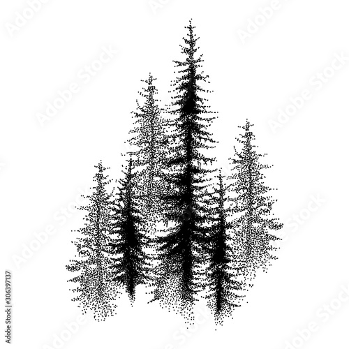 Dotted spruce tree or coniferous forest in black isolated on white background.
