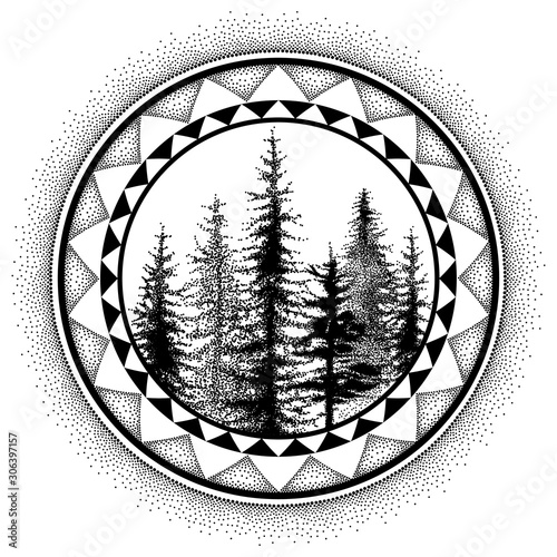 Dotted spruce tree or coniferous forest in black in round decorative frame isolated on white background. 