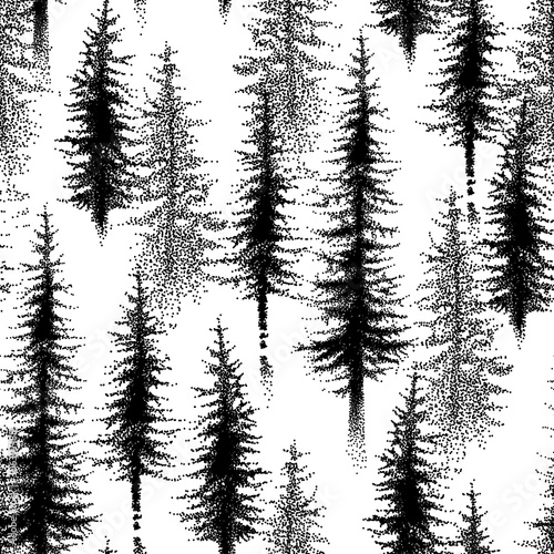 Seamless pattern with dotted spruce tree or coniferous forest in black on the white background. 