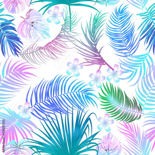 Tropical jungle neon palm leaves seamless pattern  vector background