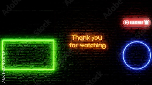 End Screen For YouTube - Neon Lights Style - 2 videos or playlists - 1 Subscribe - 3d Rendering