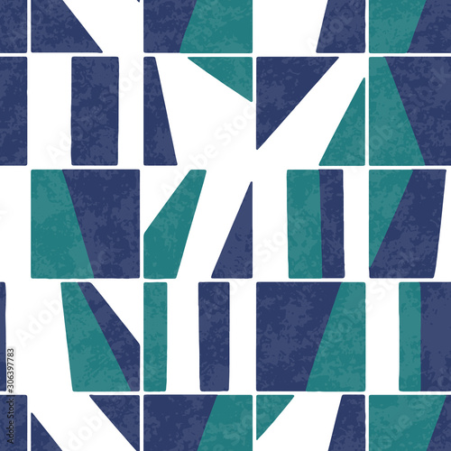 Vector wall tiles seamless pattern. Geometric abstract design of a square tiled floor in scandi modern style. Green and blue on white background.