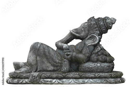 Hindu god Ganesha in lying position on a statue on pure white background © joostverbeek