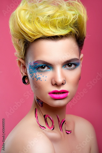 Beautiful girl look in pop art style with inscription love