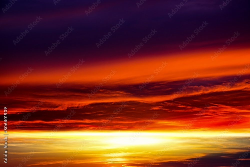 Beautiful sunset of the Sun. Bright sky. Cloud landscape background.