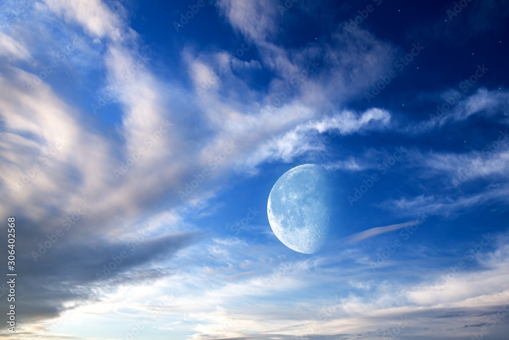 White moon over stormy clouds . Dramatic nature background . Full moon background . landscape . eclipse of the moon 
