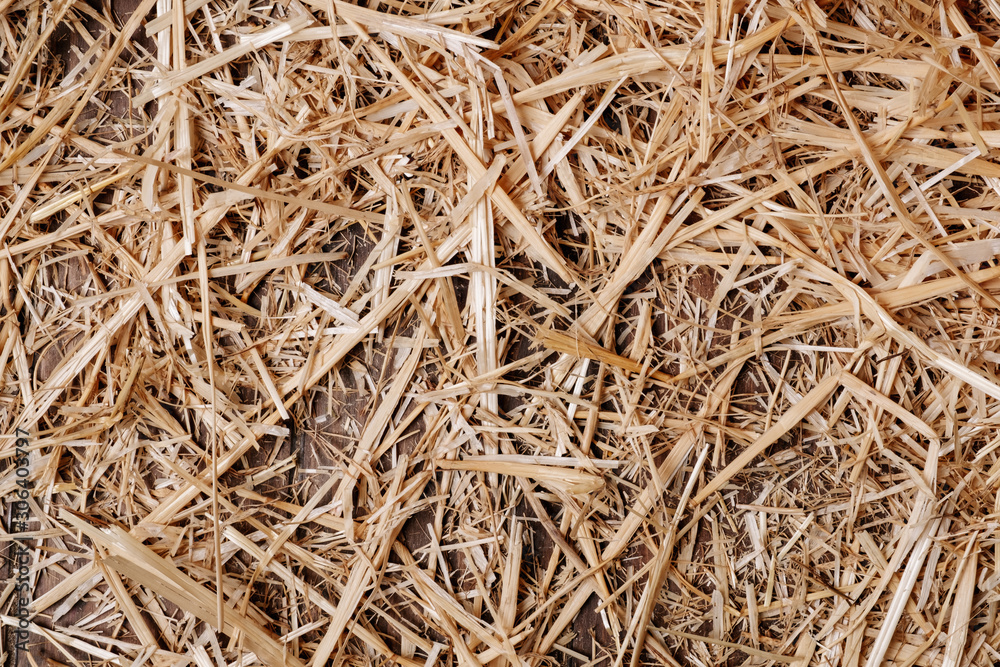 Wooden floor background and dry straw