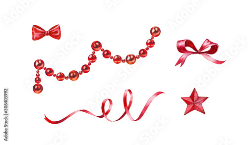 Christmas decorations set. Red watercolor garland with shiny beads, ribbon, bow. Hand painted realistic party design elements isolated on white background for greeting cards, banners.