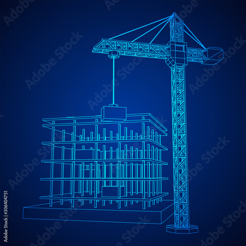 Building under construction with crane. Build house construct in process. Wireframe low poly mesh vector illustration