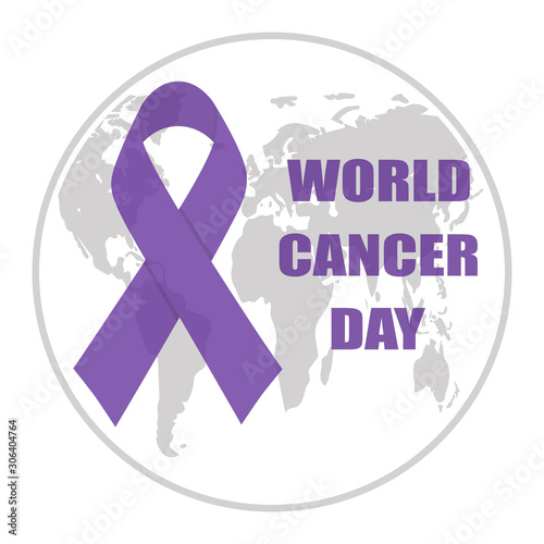 World map, purple ribbon, inscription WORLD CANCER DAY. Vector illustration.