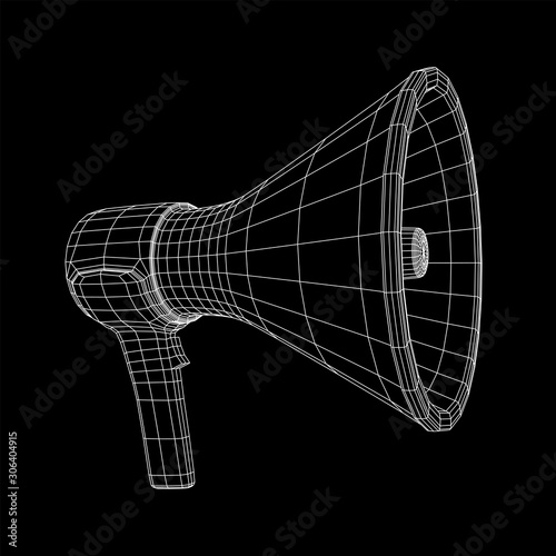 Megaphone or bullhorn for amplifying voice for protests rallies or public speaking. Wireframe low poly mesh vector illustration