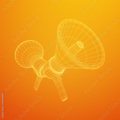 Megaphone or bullhorn for amplifying voice for protests rallies or public speaking. Wireframe low poly mesh vector illustration