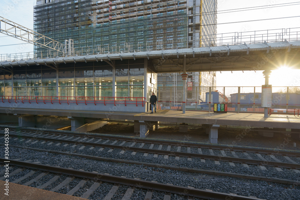 Modern Botanichesky Sad station of Moscow Central Circle. Concepts of the public trasportation in autumn cold day. Modern Botanichesky Sad station of Moscow Central Circle. Concepts of the public trasportation in autumn cold day.
