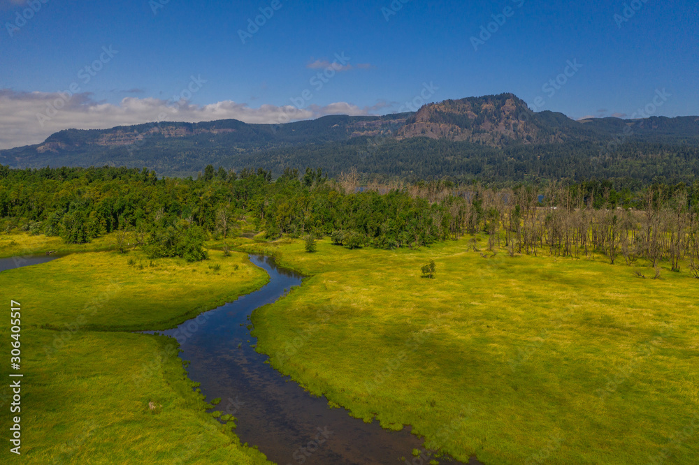 Aerial view of a stream leading toward the Columbia River
