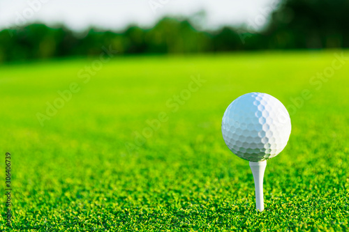 Golf ball on tee on golf course over a blurred green field at the sunset. Golf ball on tee over a blurred green field. photo