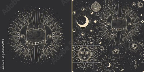 Vector illustration set of moon phases. Different stages of moonlight activity in vintage engraving style. Zodiac Signs