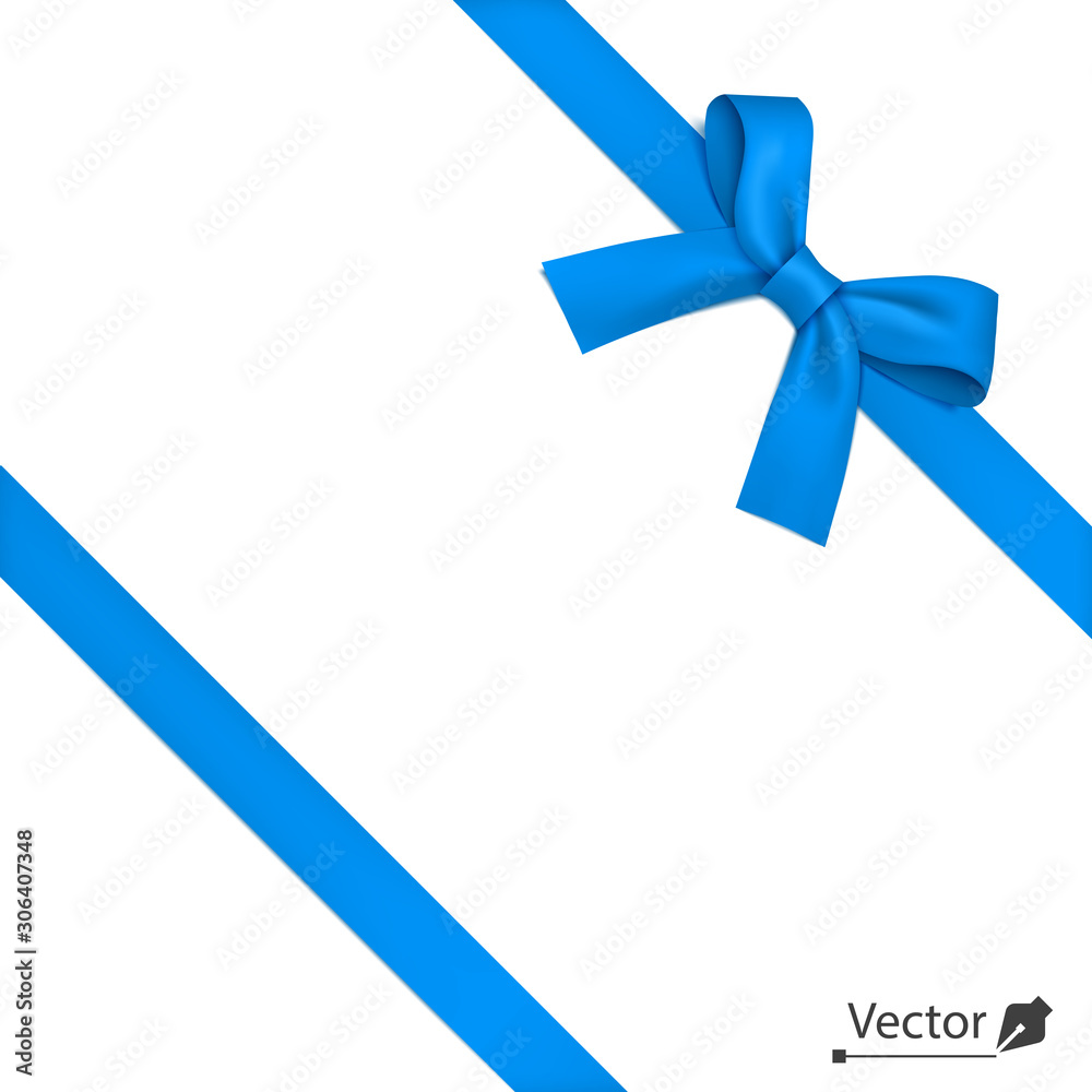 Isolated realistic tied the corners blue bow and diagonally ribbon. Isolated realistic tied the corners blue bow and diagonally ribbon.