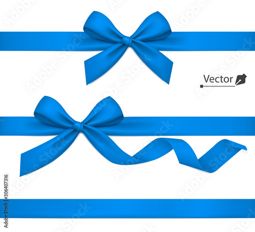 Holiday blue bow with ribbon. Vector present.
