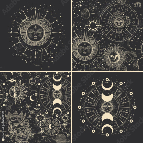 Vector illustration set of moon phases. Different stages of moonlight activity in vintage engraving style. Zodiac Signs