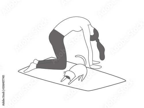 Cute fitness cat with girl do exercises, sport woman and kitty, do yoga poses for beginners on the yoga mat, great stretching for the health, downward dog, marjariasana (cat pose)
