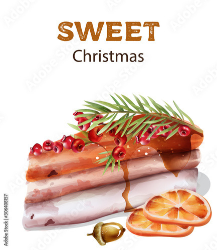 Sweet christmas cake with red berries on top. Orange slices and nuts. Waterco...