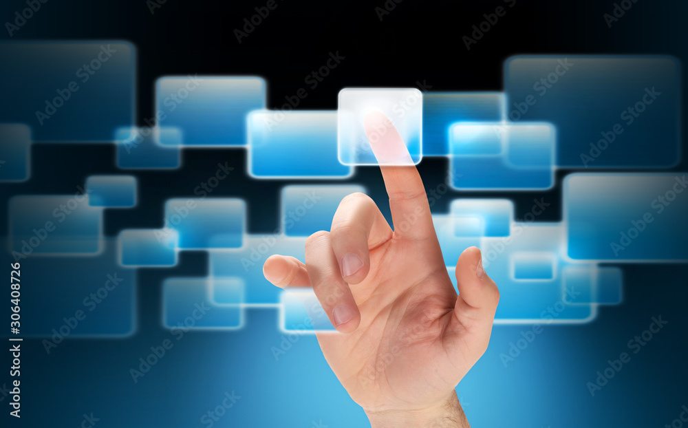 finger touching a wirtual button on a virtual fluttering touchscreen finger touching a wirtual button on a virtual fluttering touchscreen