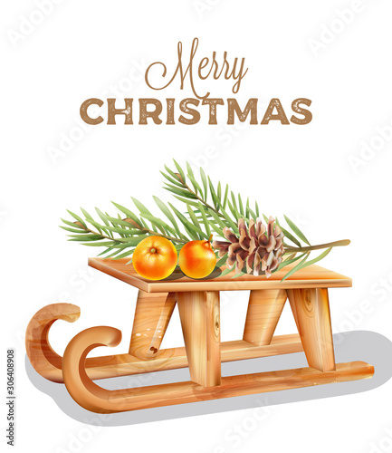 Merry christmas wooden sleigh with orange fruits on top. Pine cone and leaves...