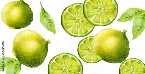 Green lime fruits with slices and leaves. Banner with isolated background