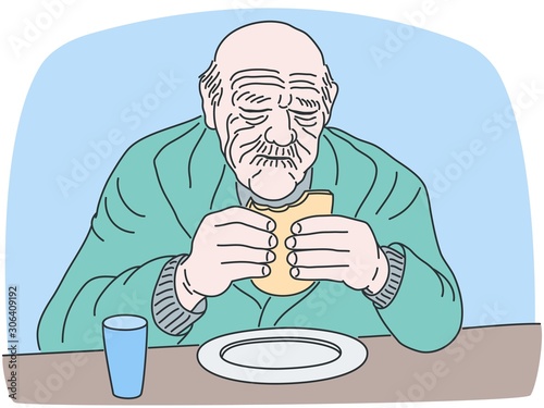 Eating bread old wrinkled man, vector illustration