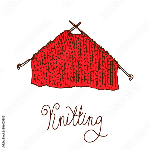 Knitting needles and wool. Hand drawn doodle illustration.