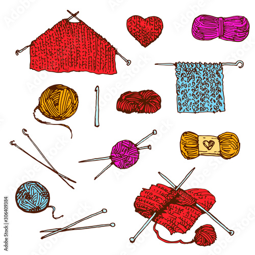 Knitting, yarn, needles and wool. Hand drawn colorful doodle collection icon set.