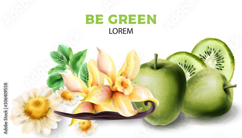 Vanilla, kiwi, apple, chamomile and mint leaves. Green products watercolor ve...
