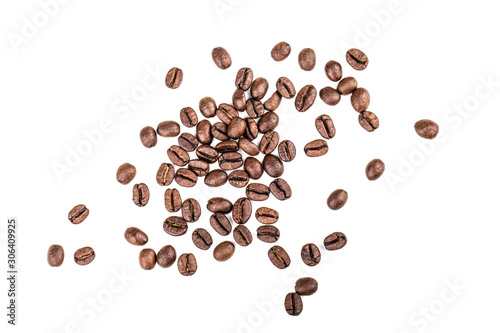 Heap of coffee beans on white background. Top view, flat lay