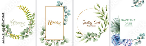Wedding set of invitation cards with leaves and flowers ornaments. Vector