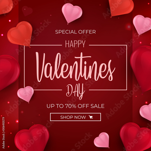 Happy Valentine's Day holiday banner with 3d red and pink air balloons