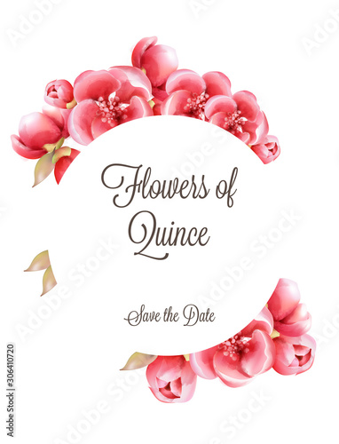 Red Flowers of Quince on tree branch invitation greeting card. Round place fo...
