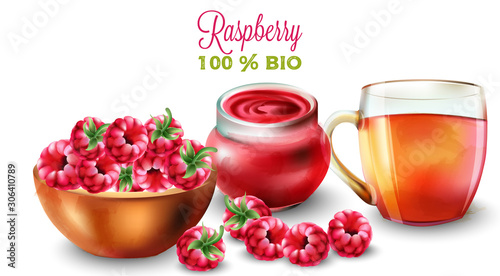 Raspberry tea and jam in watercolor style. Fruits in pot. Vector