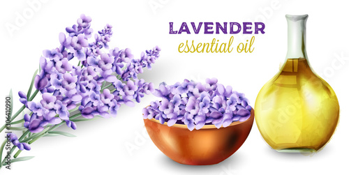 Lavender essential oil. Bunch of flowers. Watercolor vector