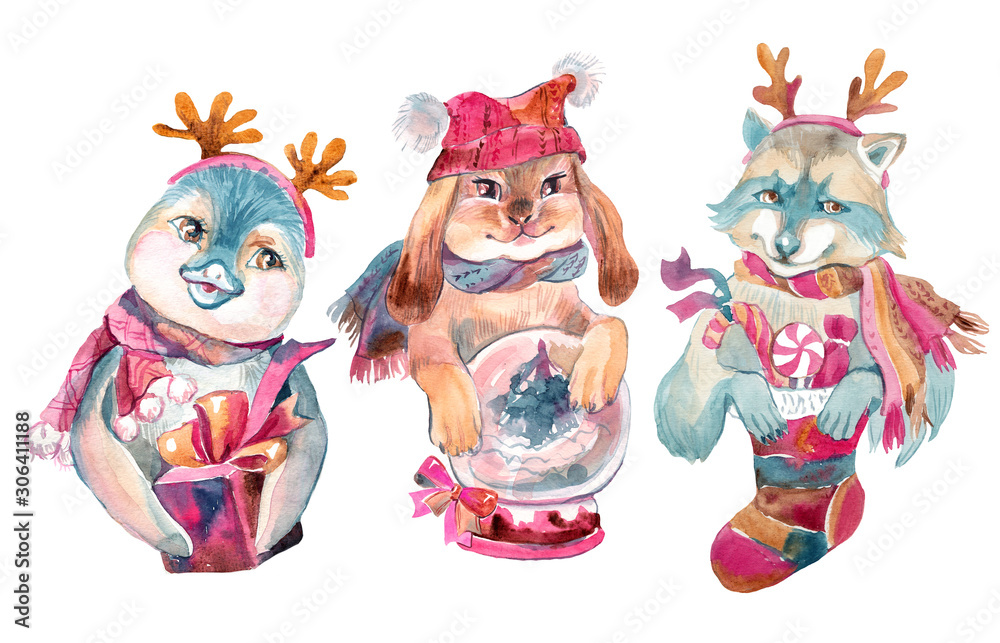 Christmas set of watercolor animals: penguin, raccoon and rabbit.