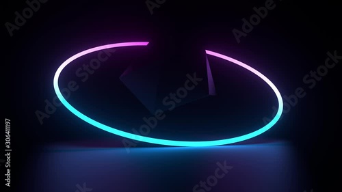 3d render of platonic geometry and neon ring near above reflection floor. Glow neon objects.