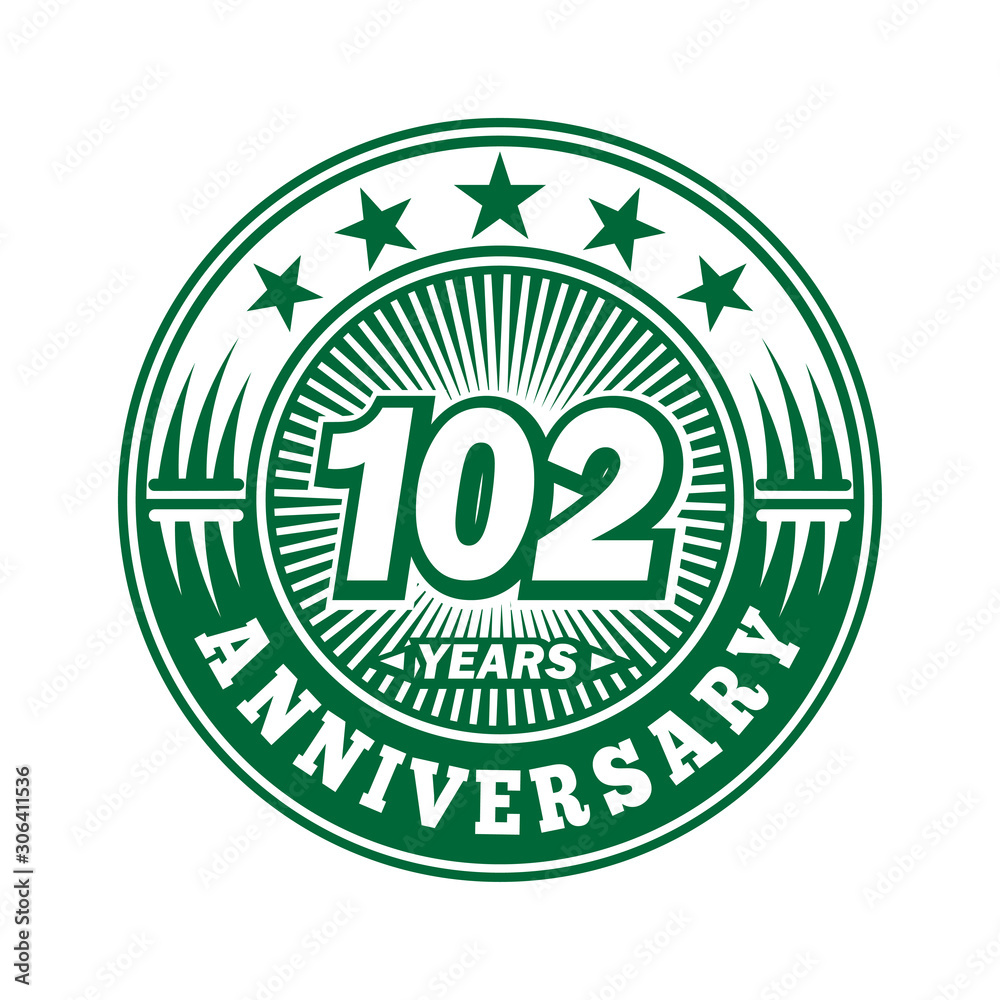 102 years logo. One hundred two years anniversary celebration logo design. Vector and illustration.