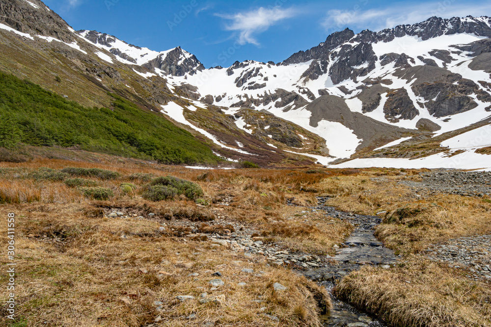 arroyo de agua helada bajo las montañas del Glaciar Martial