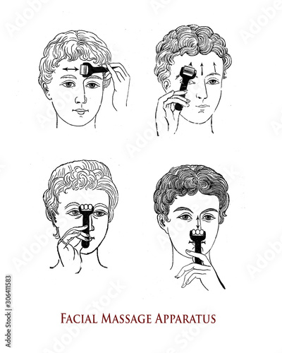 Cosmetic treatment: facial auto-massage for forehead wrinkes and nose with a special apparatus, 19th century