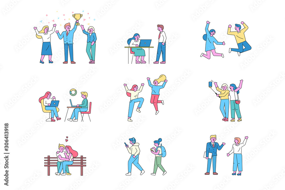 Different people line art vector set. Happy people spending time together. Talking, walking, making selfie, chatting. Friendship. Flat vector cartoon characters isolated on white background. Different people line art vector set. Happy people spending time together. Talking, walking, making selfie, chatting. Friendship. Flat vector cartoon characters isolated on white background.